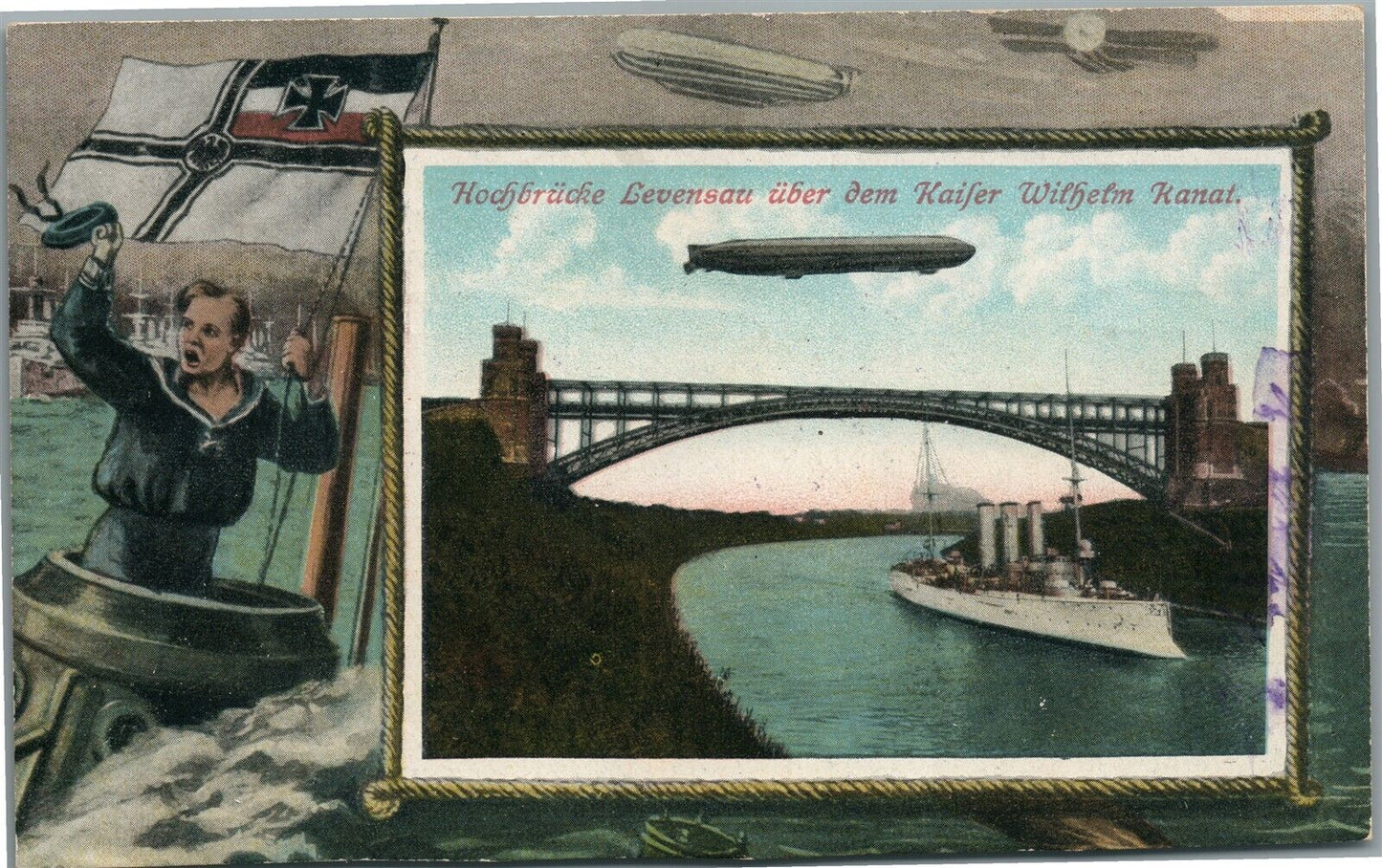 GERMAN DIRIGIBLE & NAVAL BATTLESHIP WWI ERA ANTIQUE POSTCARD early aviation