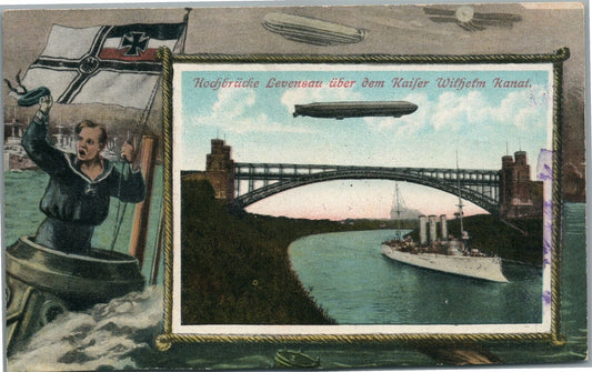 GERMAN DIRIGIBLE & NAVAL BATTLESHIP WWI ERA ANTIQUE POSTCARD early aviation