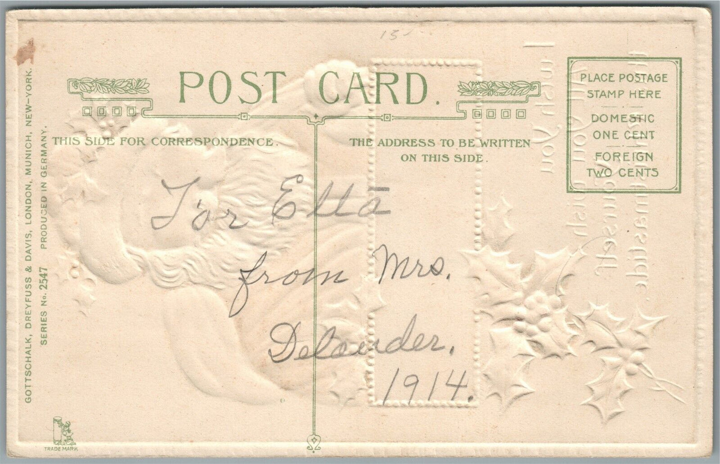 SANTA in BLACK ROBE MERRY CHRISTMAS EMBOSSED ANTIQUE POSTCARD