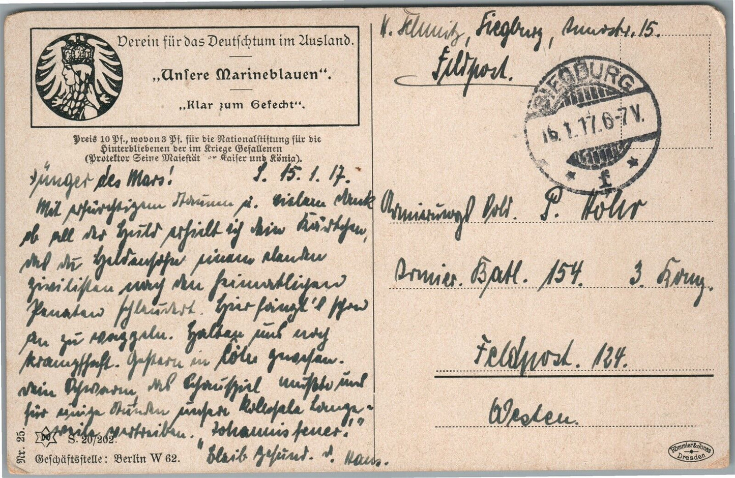 GERMAN NAVY SAILOR ROMANTIC WWI ERA 1917 ANTIQUE POSTCARD