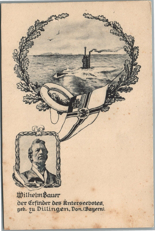GERMAN SUBMARINE FLEET FOUNDER WILHELM BAUER ANTIQUE POSTCARD FELDPOST