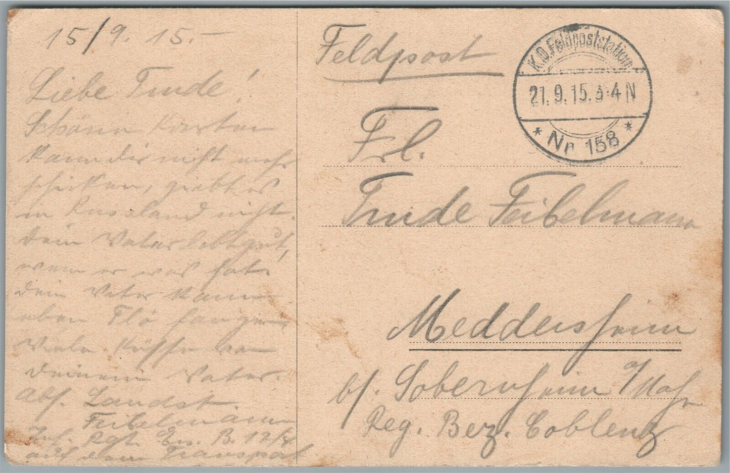 GERMAN SOLDIERS in RAILROAD CAR WWI ERA FELDPOST 1915 ANTIQUE POSTCARD