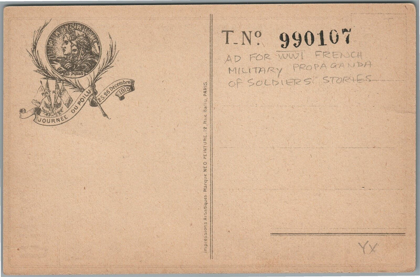 1915 AD for WWI FRENCH MILITARY PROPAGANDA of SOLDIER'S STORIES ANTIQUE POSTCARD