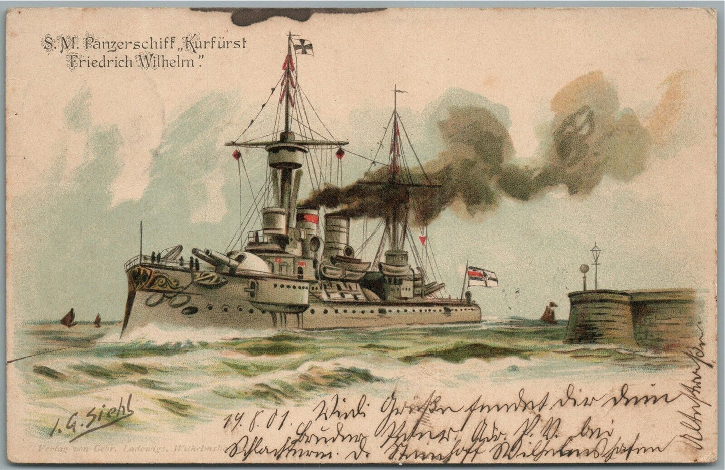SM PANZERSCHIFF KURFURST FRIEDRICH WILHELM SHIP ANTIQUE POSTCARD