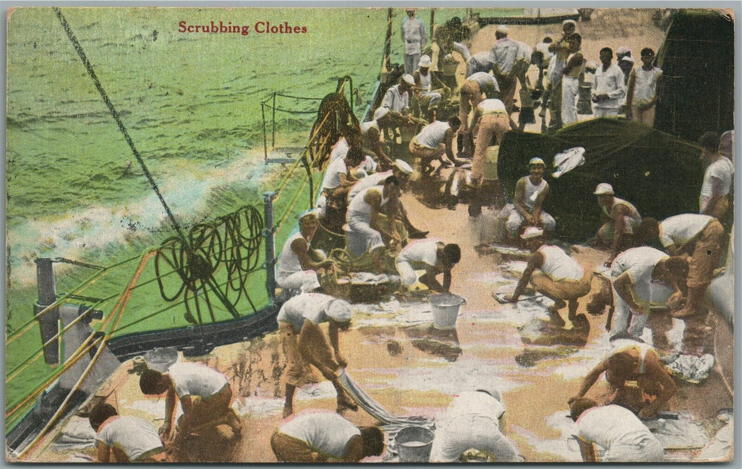 AMERICAN NAVY SCRUBBING CLOTHES VINTAGE POSTCARD CAIMAN ISLANDS CANCEL
