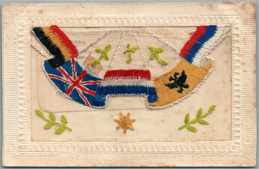 EMBROIDERED on SILK WWI ALLIES FLAGS ANTIQUE POSTCARD