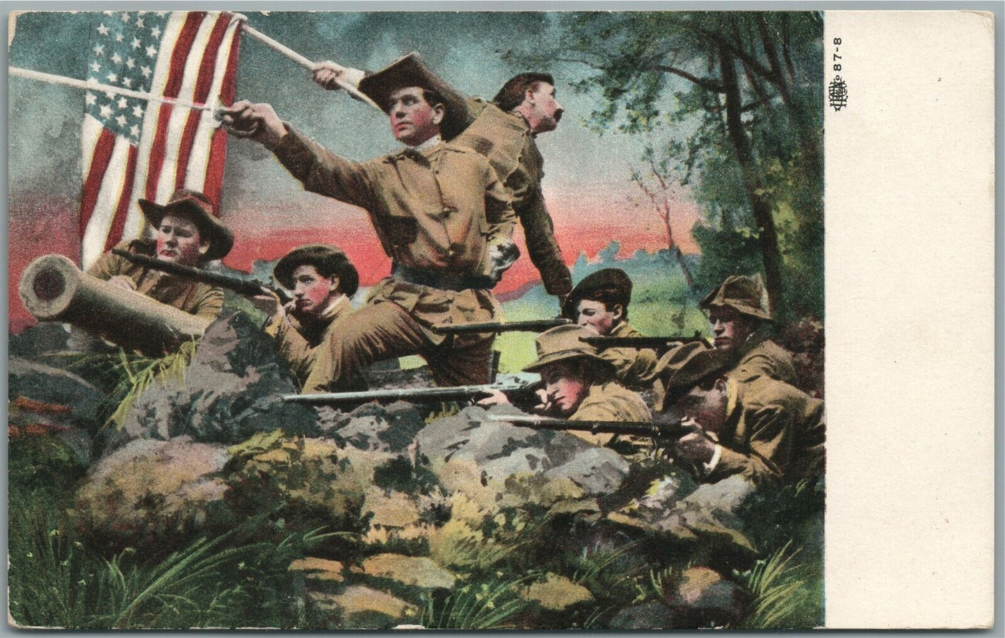 MILITARY BATTLE PATRIOTIC ANTIQUE POSTCARD w/ AMERICAN FLAG