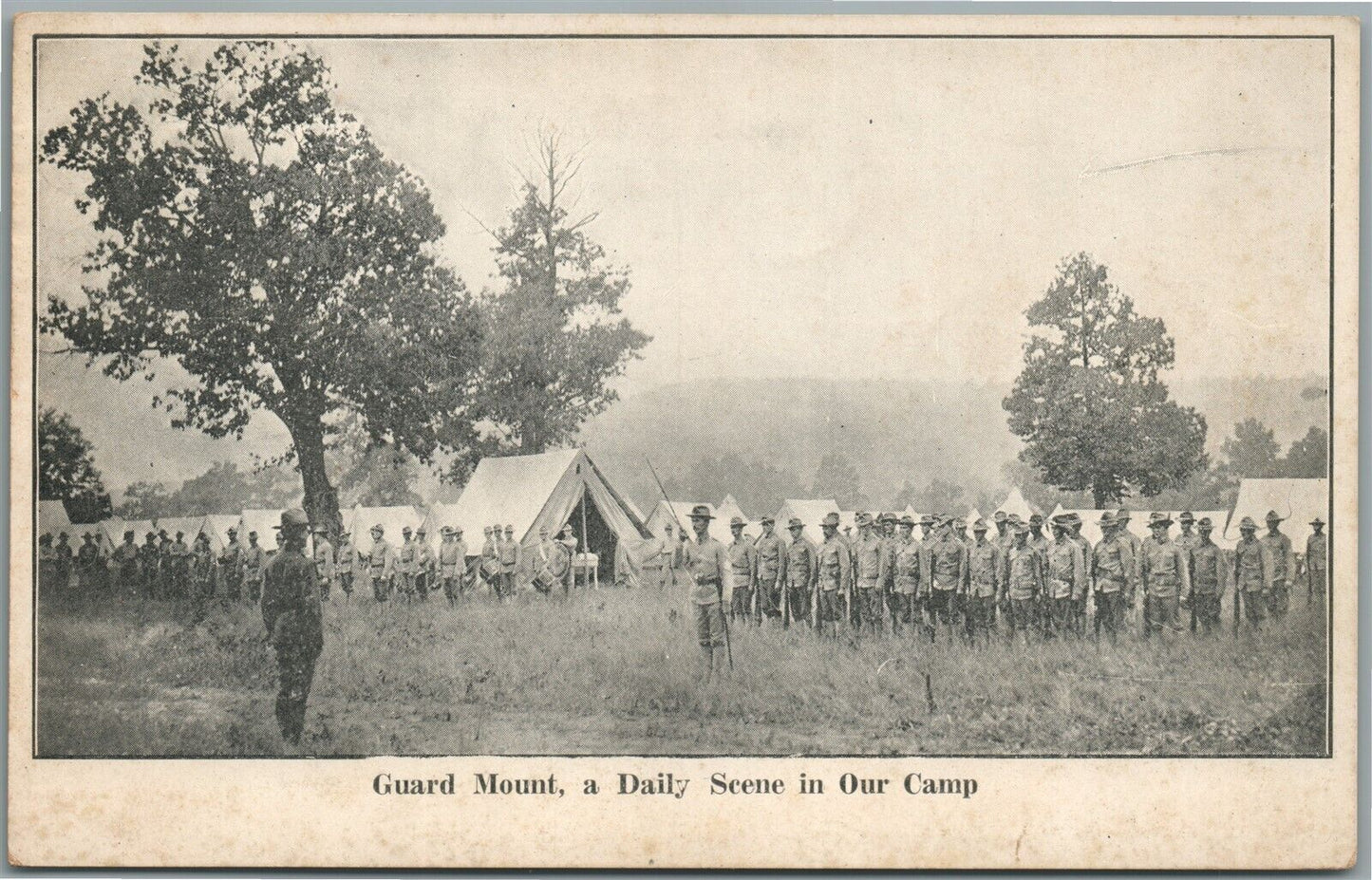GUARD MOUNT AMERICAN CAMP DAILY SCENE 1916 ANTIQUE POSTCARD