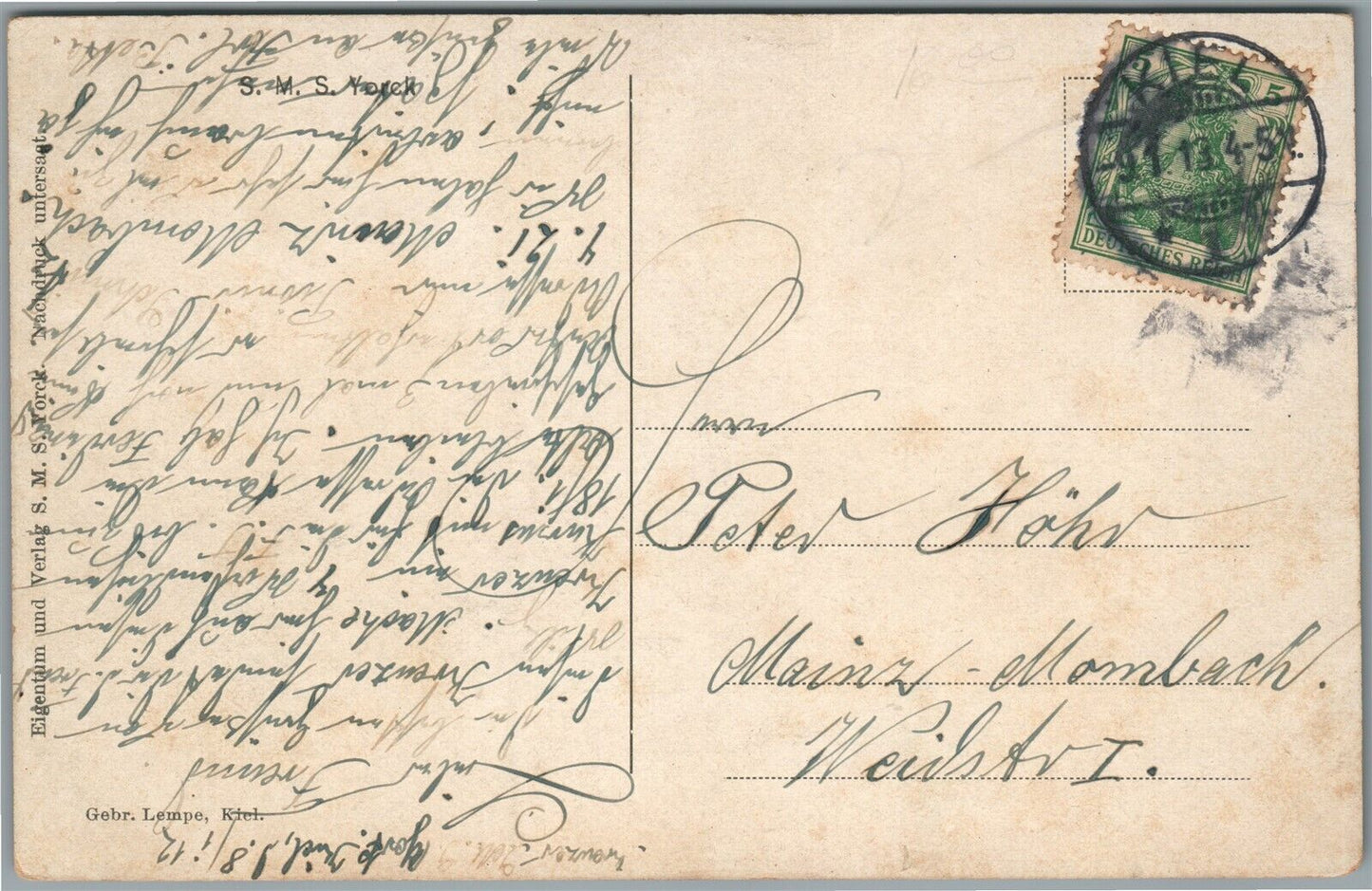 SMS YORCK SHIP GERMAN ANTIQUE POSTCARD