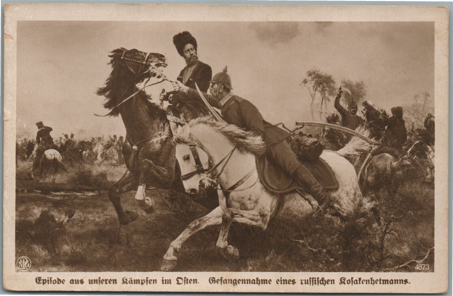 GERMAN WWI ERA MILITARY SCENE w/ RUSSIAN COSSACK ANTIQUE POSTCARD