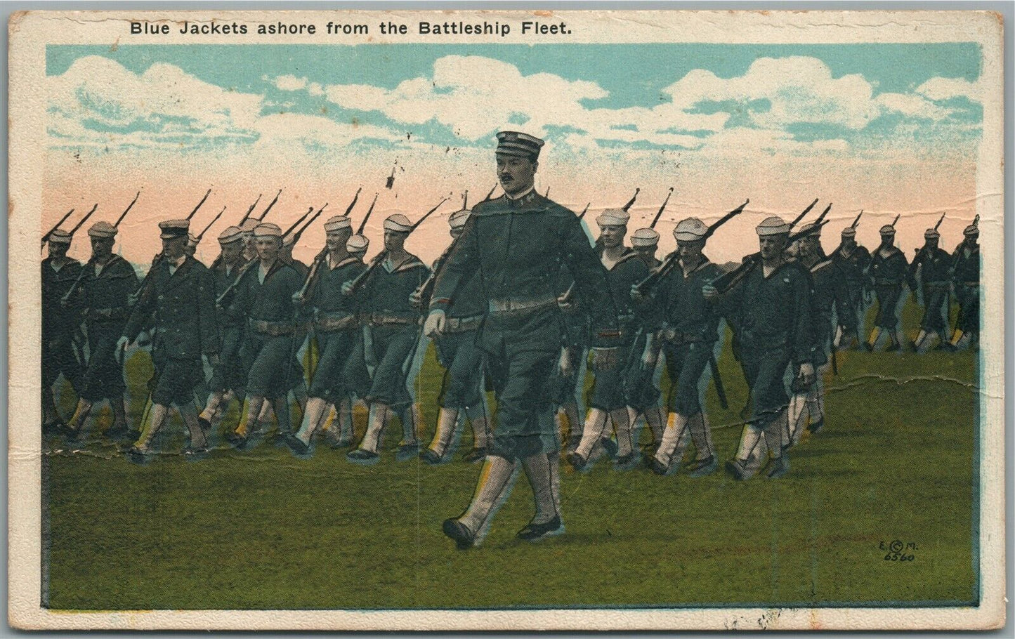 BLUE JACKETS ASHORE FROM BATTLESHIP FLEET ANTIQUE POSTCARD