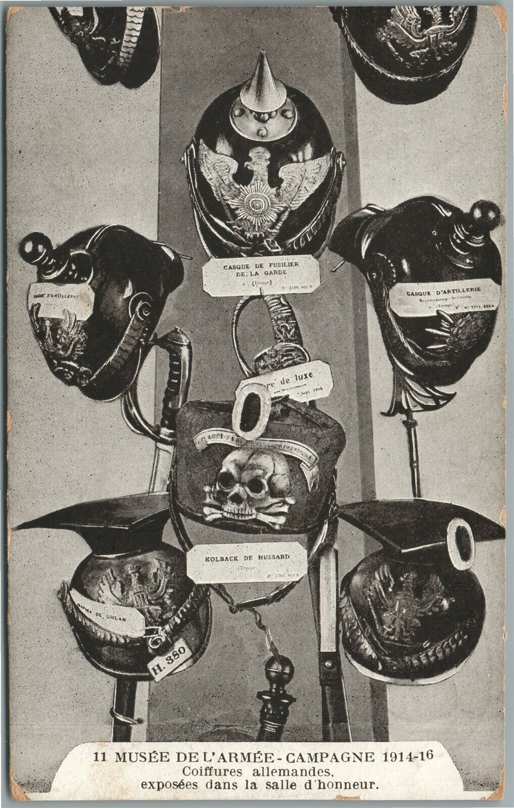 GERMAN WWI ERA CAPTURED HELMETS DISPLAY in FREMCH ARMY MUSEUM ANTIQUE POSTCARD