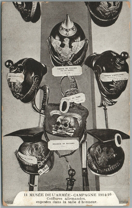 GERMAN WWI ERA CAPTURED HELMETS DISPLAY in FREMCH ARMY MUSEUM ANTIQUE POSTCARD