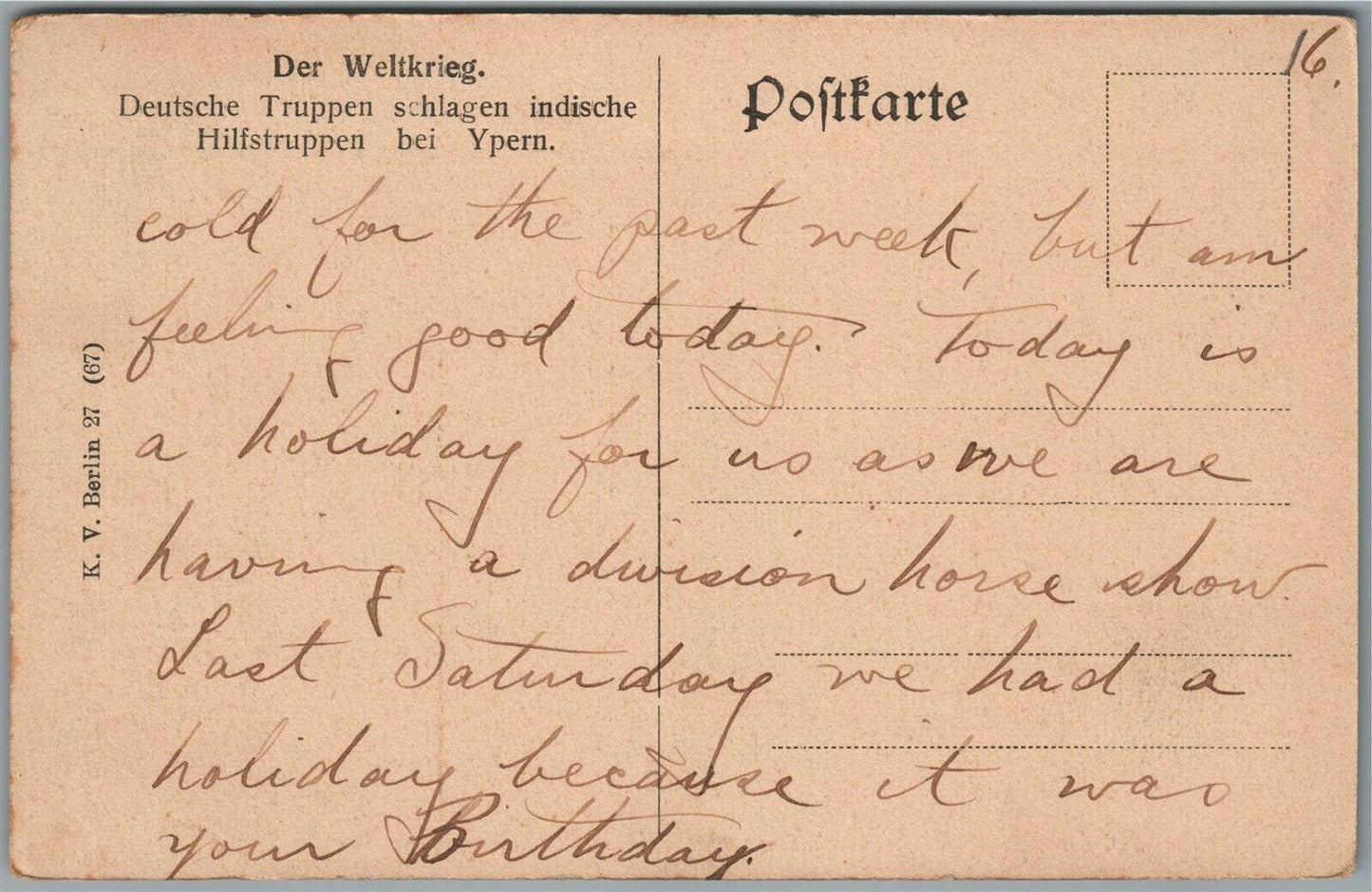 YPERN BELGIUM GERMANS FIGHT w/ INDIAN CORPS MILITARY ANTIQUE POSTCARD