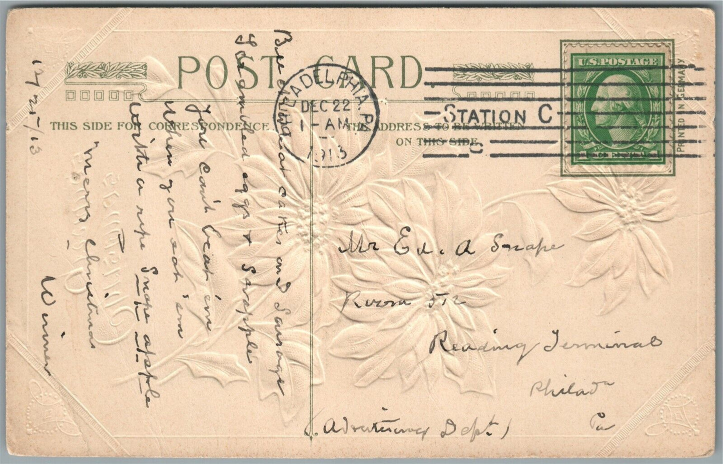 CHRISTMAS GREETINGS JOHN WINSCH 1913 EMBOSSED ANTIQUE POSTCARD