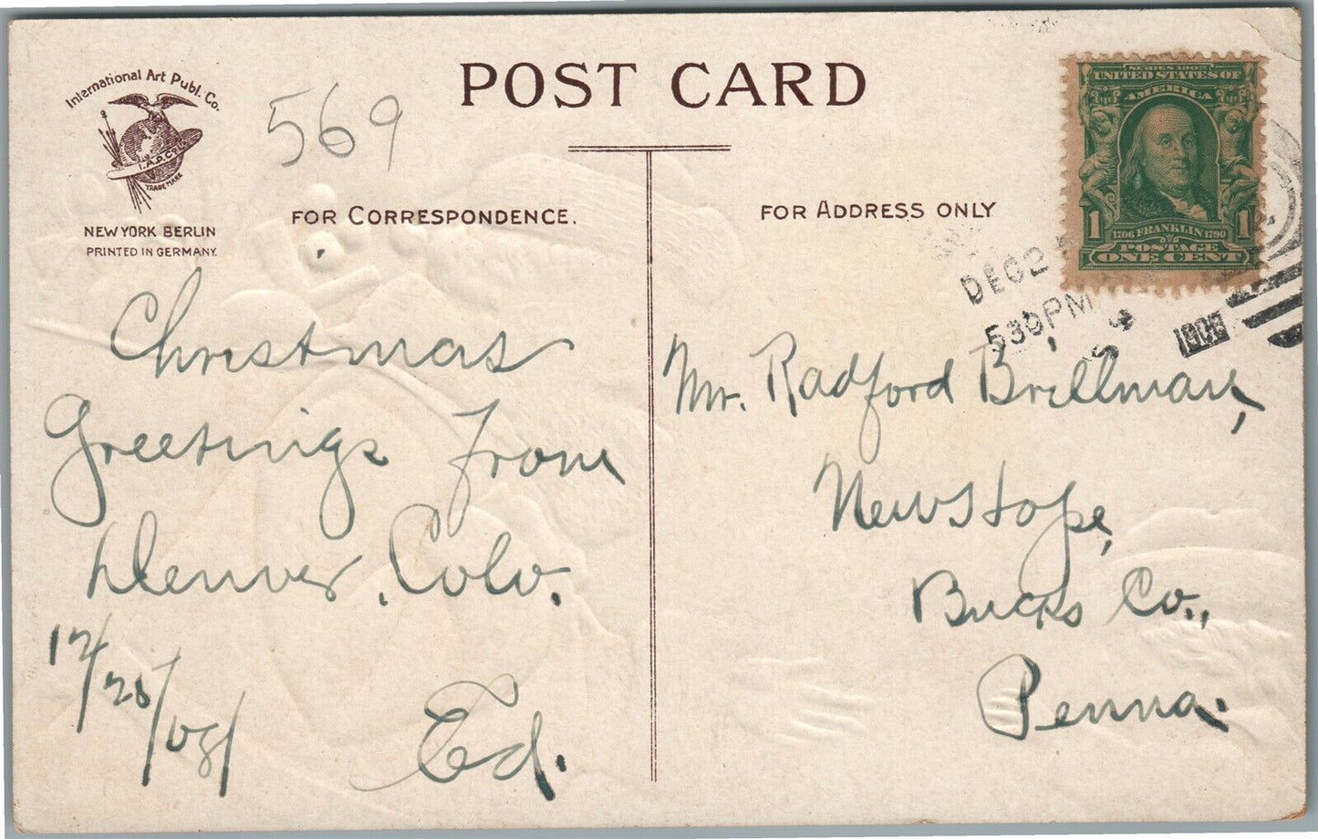 SANTA BEST WISHES FOR HAPPY CHRISTMAS EMBOSSED ANTIQUE POSTCARD