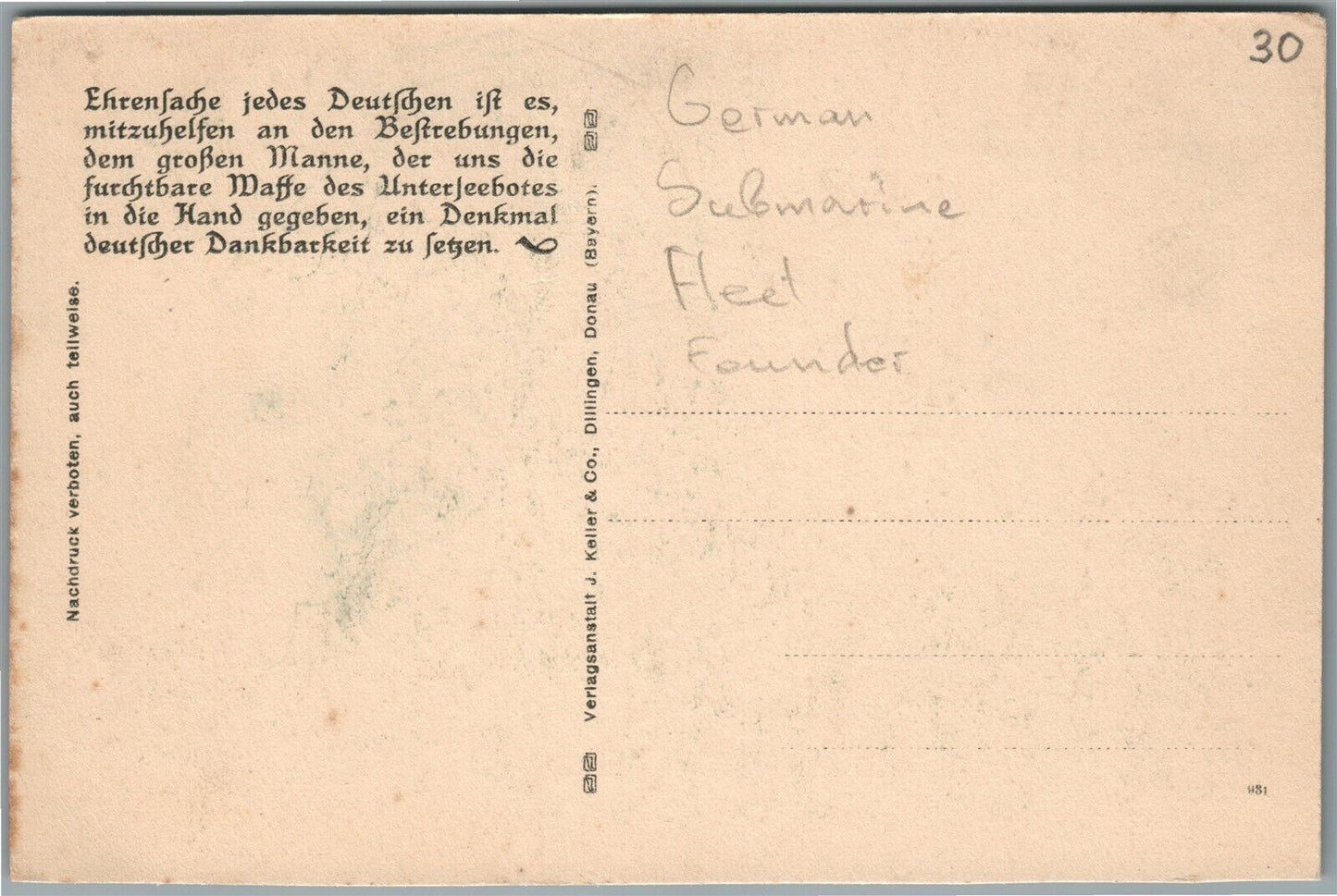 GERMAN SUBMARINE FLEET FOUNDER WILHELM BAUER ANTIQUE POSTCARD FELDPOST