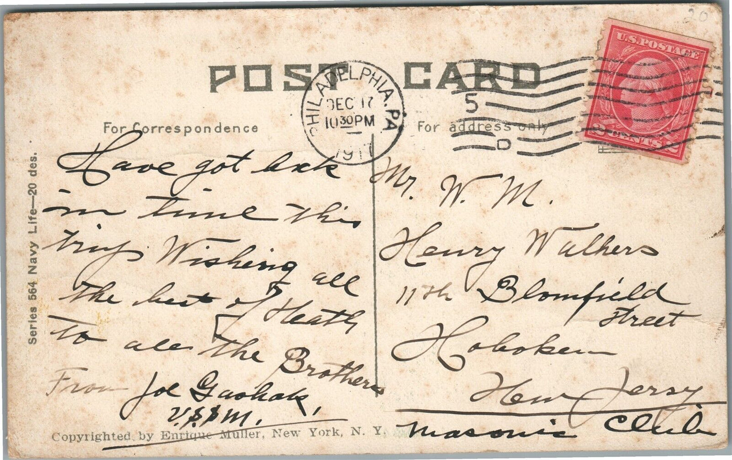 BLUE JACKETS ASHORE FROM BATTLESHIP FLEET ANTIQUE POSTCARD