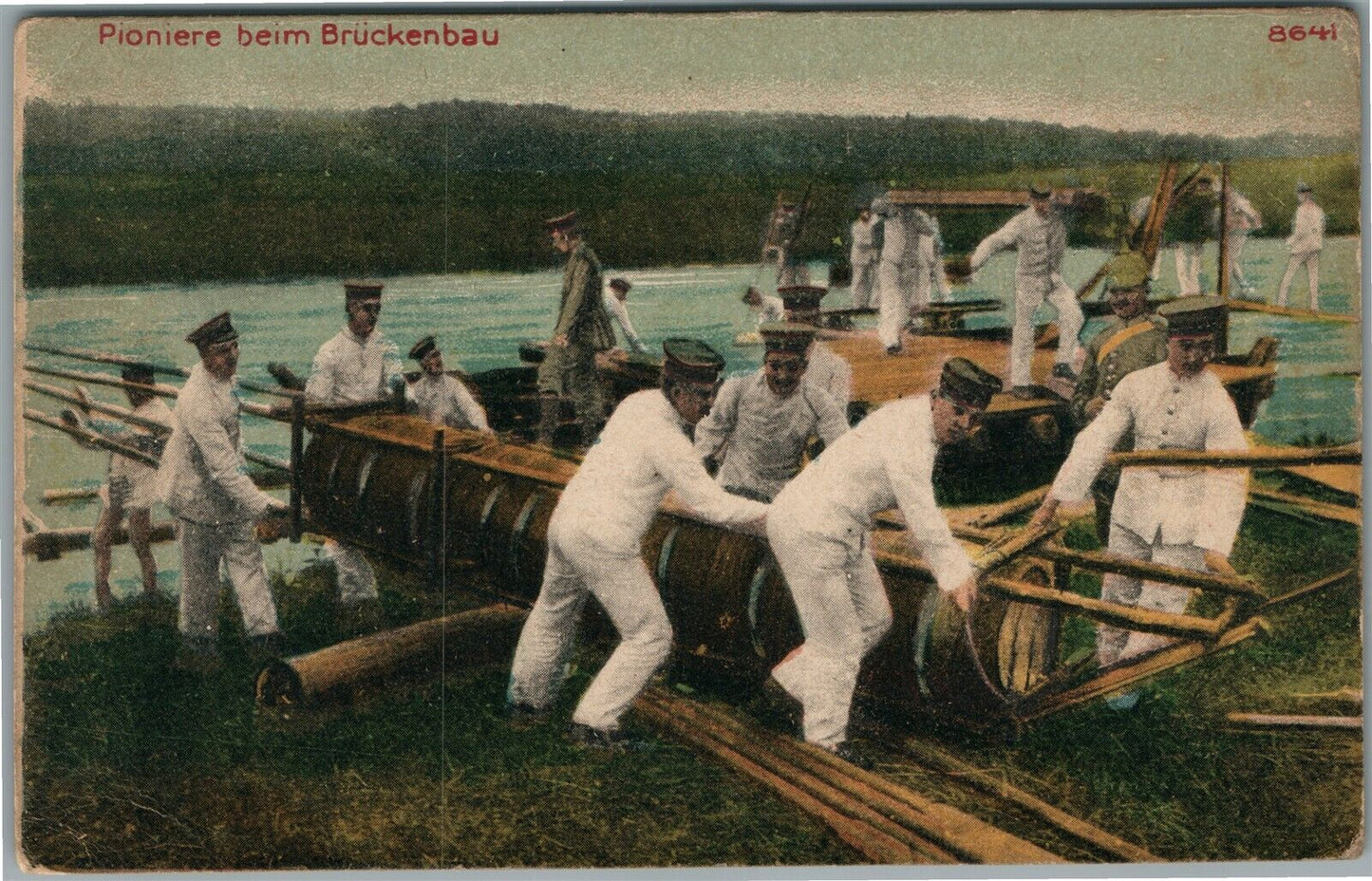 GERMAN MILITARY THEME WWI ERA PONTOON BOAT CONSTRUCTION ANTIQUE POSTCARD