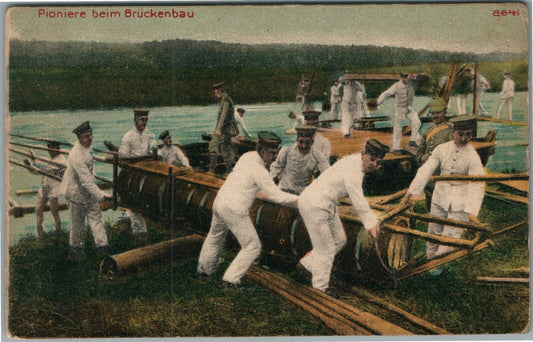 GERMAN MILITARY THEME WWI ERA PONTOON BOAT CONSTRUCTION ANTIQUE POSTCARD