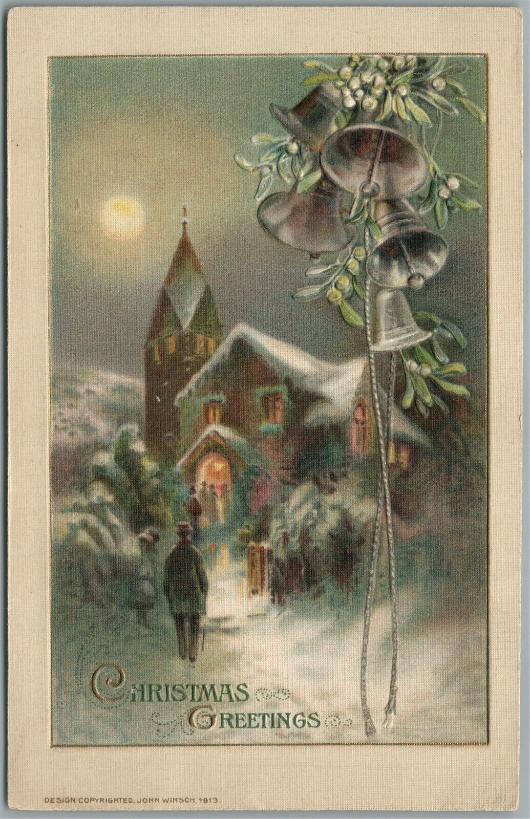 CHRISTMAS GREETINGS 1913 ANTIQUE POSTCARD by JOHN WINSCH