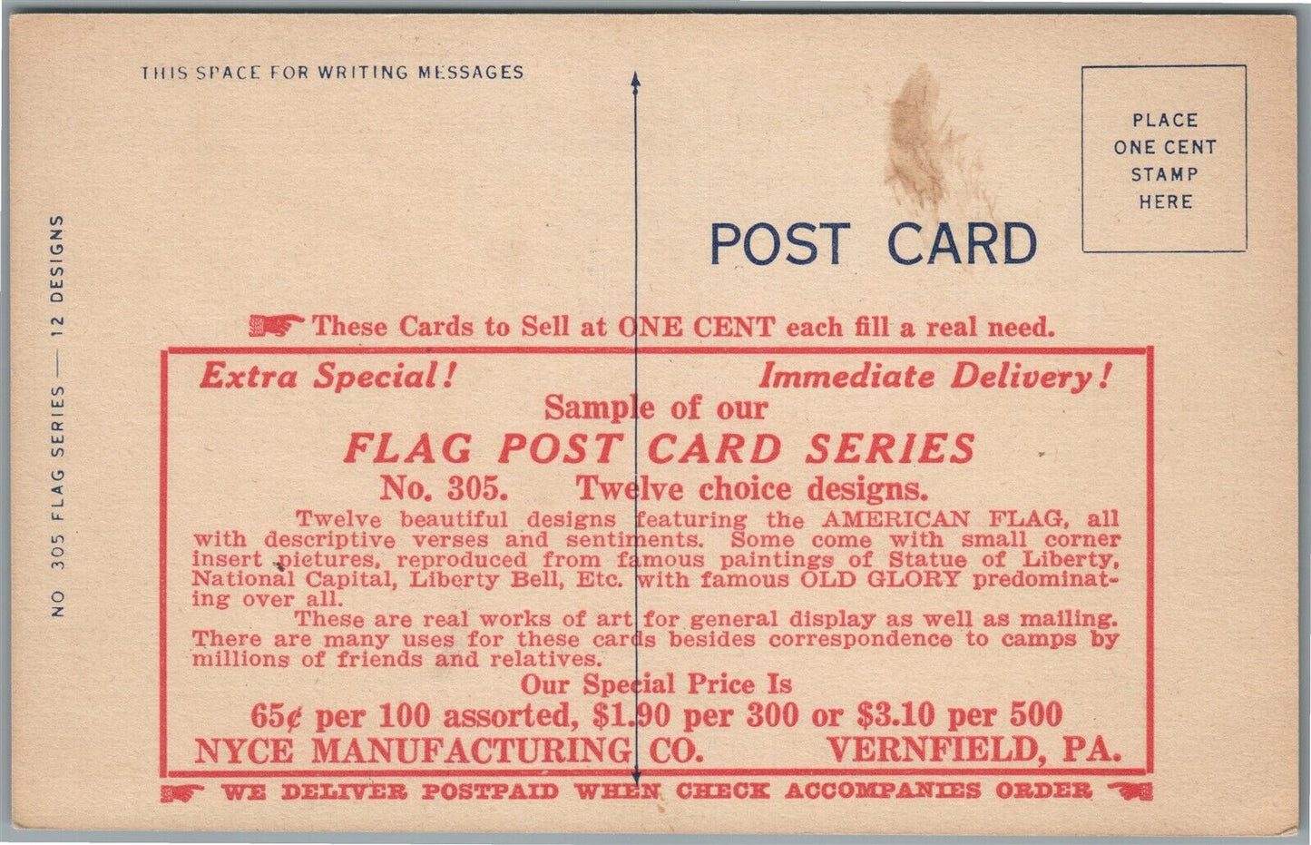 VERNFIELD PA FLAG POST CARD SERIES SAMPLE AMERICAN MILITARY ANTIQUE POSTCARD