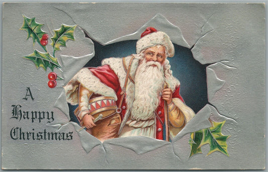 SANTA w/ DRUM HAPPY CHRISTMAS EMBOSSED ANTIQUE POSTCARD