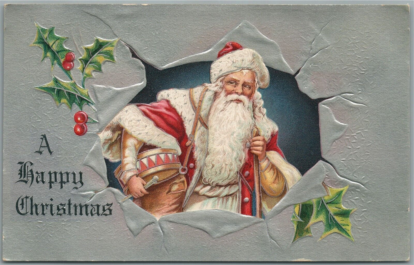 SANTA w/ DRUM HAPPY CHRISTMAS EMBOSSED ANTIQUE POSTCARD