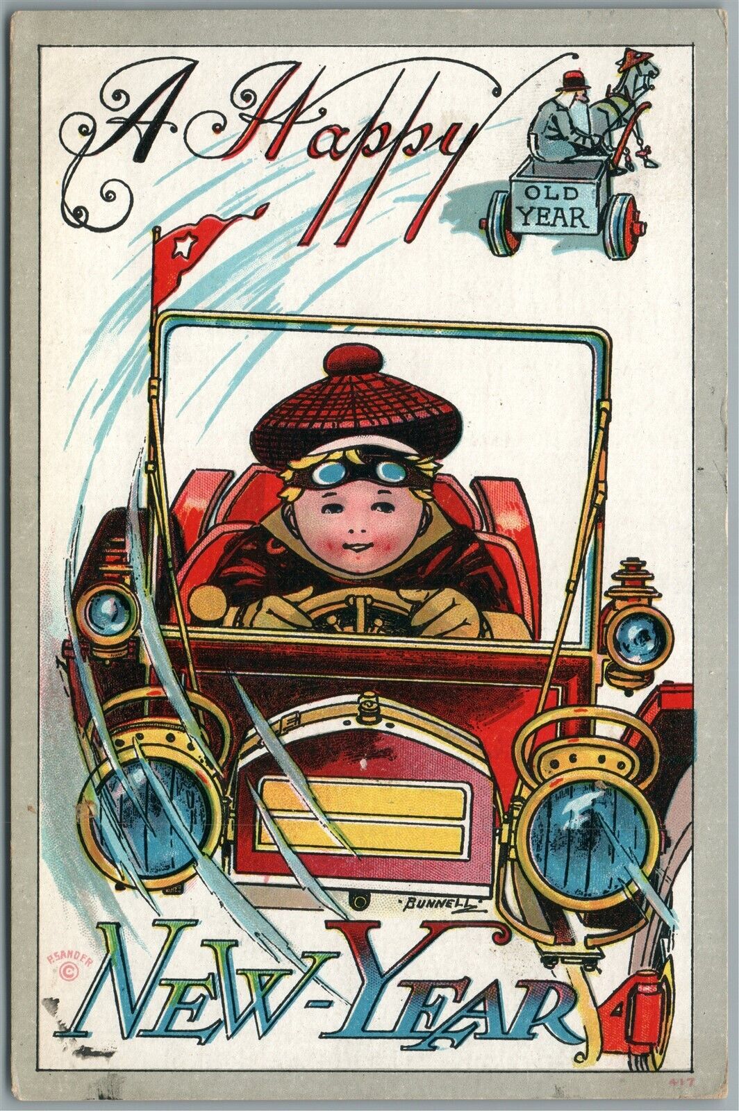 YOUNG DRIVER in OLD CAR CHRISTMAS ANTIQUE POSTCARD
