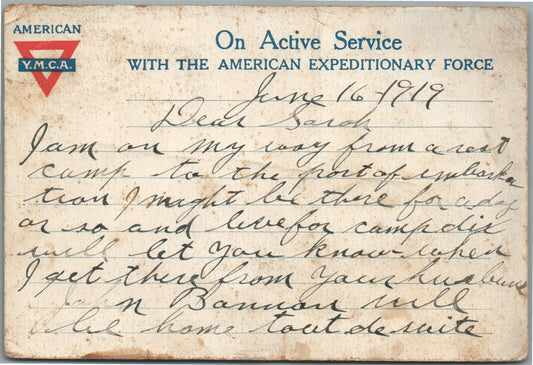 AMERICAN EXPEDITIONARY FORCE FRANCE on ACTIVE SERVICE 1919 YMCA ANTIQUE POSTCARD