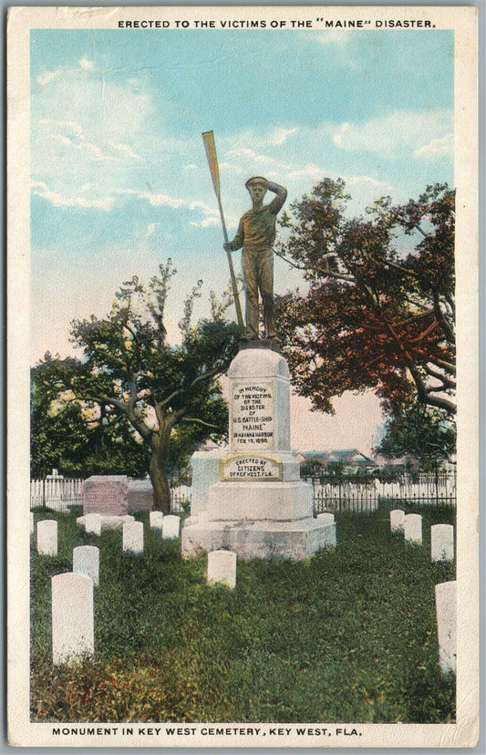 KEY WEST FL CEMETERY MONUMENT TO VICTIMS of MAINE DISASTER ANTIQUE POSTCARD