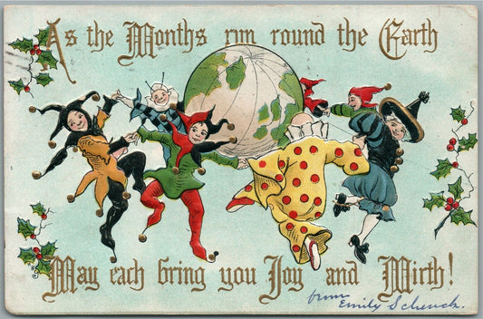 DANCING MONTHS EMBOSSED CHRISTMAS ANTIQUE POSTCARD