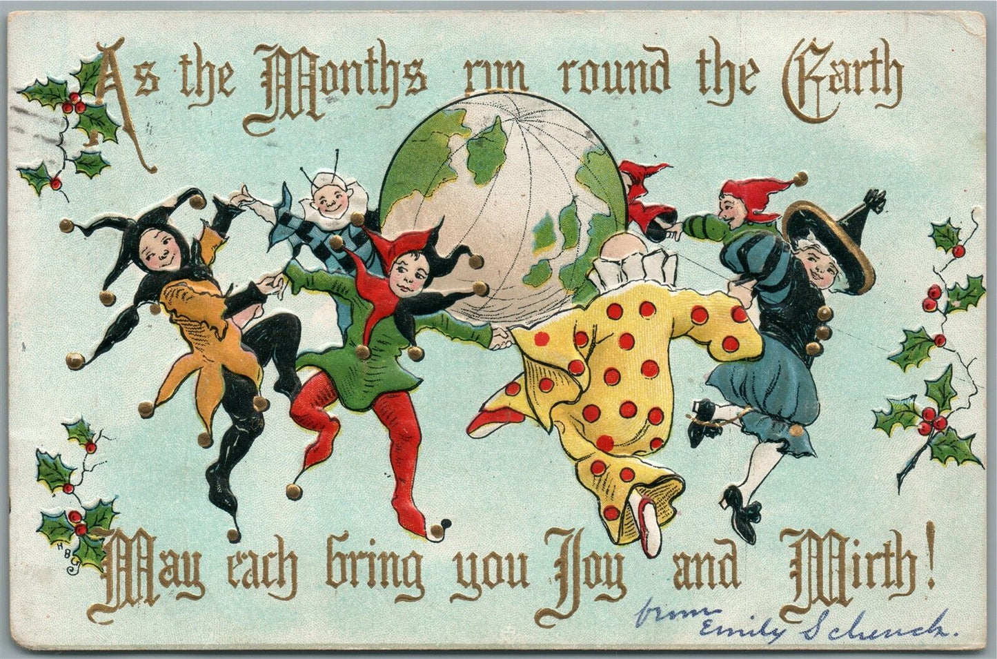 DANCING MONTHS EMBOSSED CHRISTMAS ANTIQUE POSTCARD