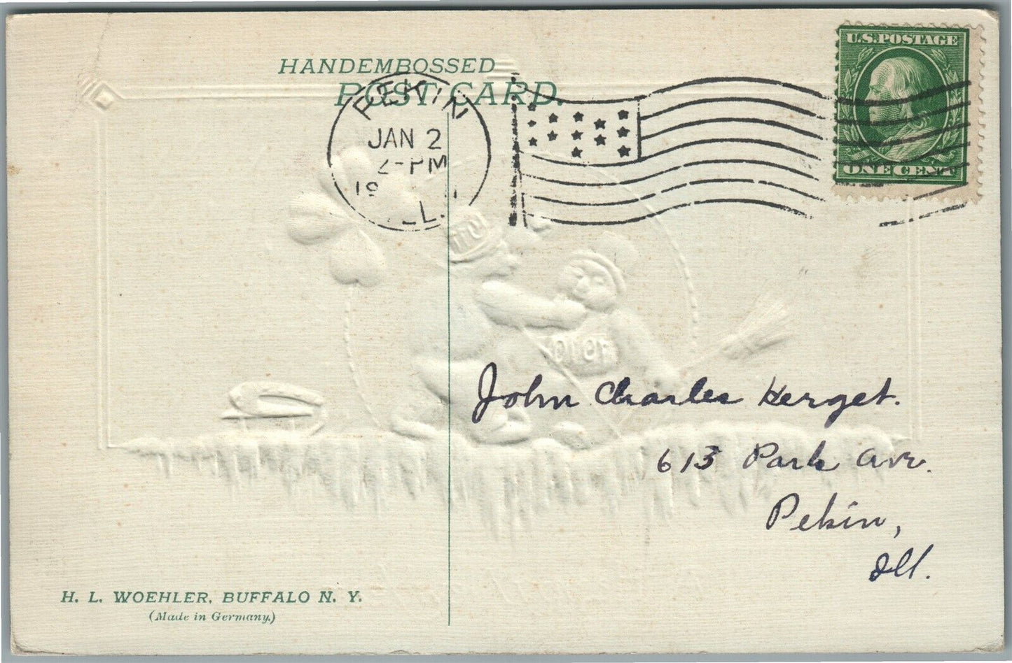 FIGHTING SNOWMEN CHRISTMAS EMBOSSED ANTIQUE POSTCARD