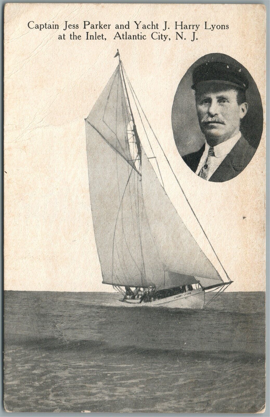 ATLANTIC CITY NJ CAPTAIN JESS PARKER & YACHT J.HARRY LYONS ANTIQUE POSTCARD