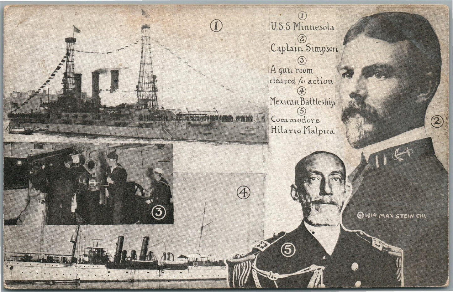 MEXICAN WAR USS MINNESOTA CAPTAIN SIMPSON COMMODORE H.MALPICA ANTIQUE POSTCARD