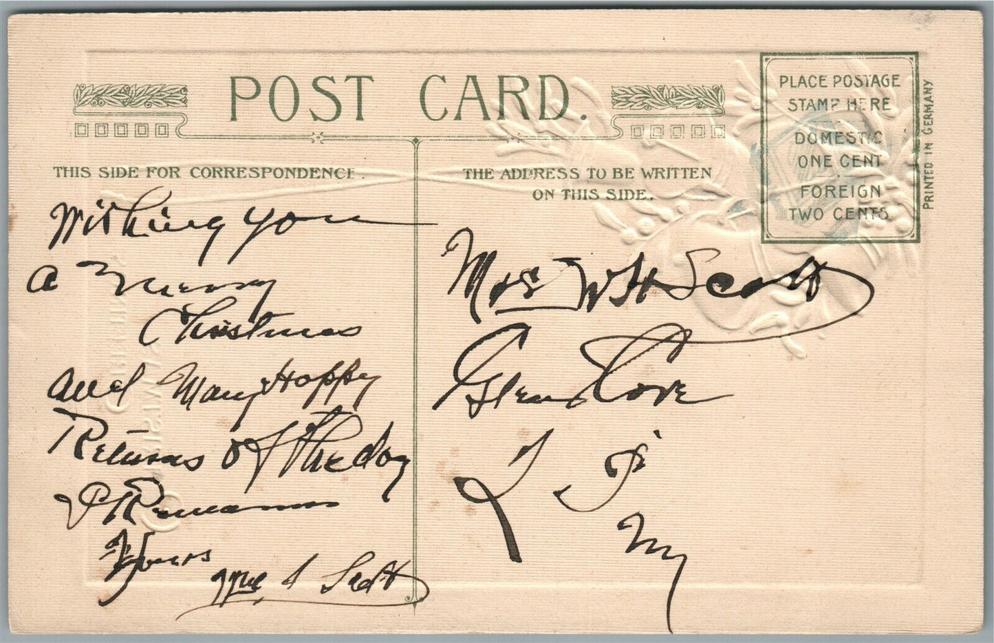 CHRISTMAS GREETINGS 1913 ANTIQUE POSTCARD by JOHN WINSCH