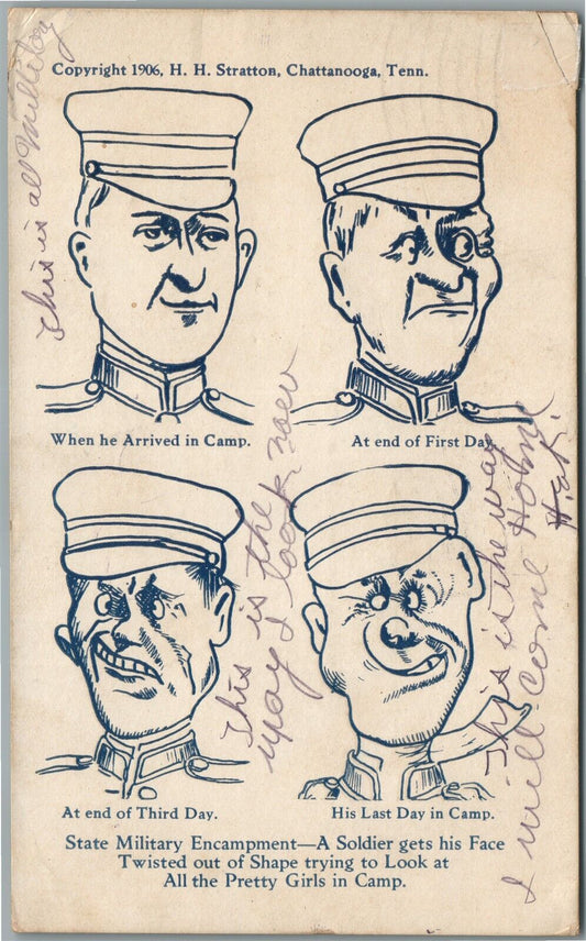 SOLDIER'S FACE TWISTED OUT OF SHAPE LOOKING AT PRETTY GIRLS ANTIQUE POSTCARD