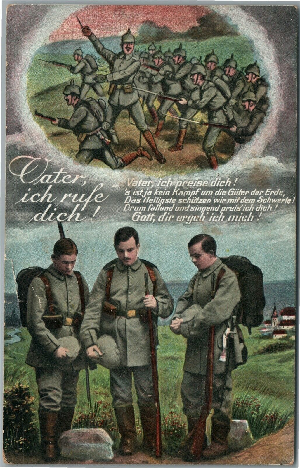 GERMAN WWI ERA SOLDIERS PRAYING ANTIQUE POSTCARD