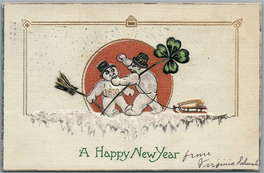 FIGHTING SNOWMEN CHRISTMAS EMBOSSED ANTIQUE POSTCARD