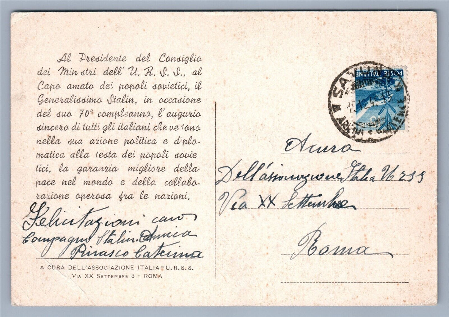 RUSSIAN LEADER STALIN BIRTHDAY GREETING VINTAGE ITALIAN COMMUNIST PARTY POSTCARD