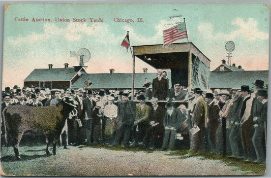 CHICAGO IL CATTIE AUCTION UNION STOCK YARDS ANTIQUE POSTCARD