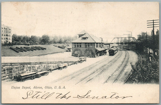AKRON OH UNION RAILROAD STATION RAILWAY DEPOT 1907 ANTIQUE POSTCARD