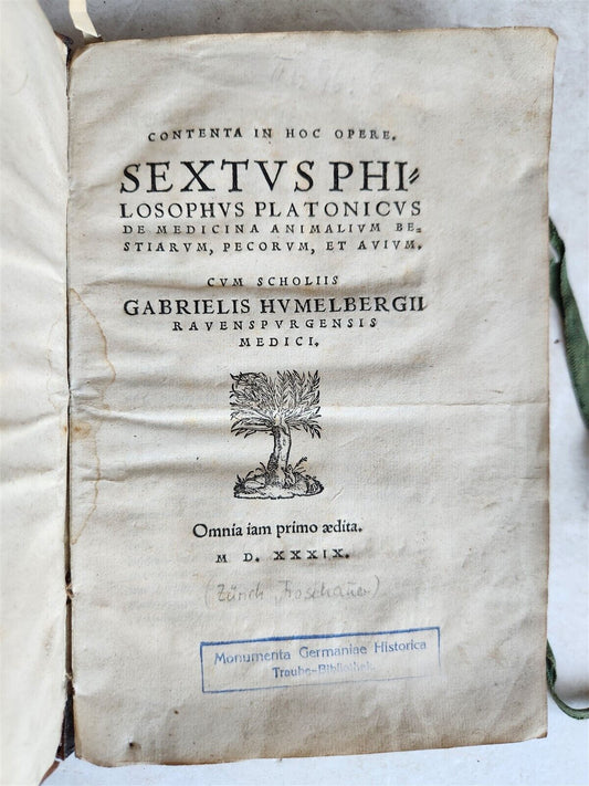 1539 PLATONIC PHILOSOPHY on MEDICINE of BEASTS CATTLE & BIRDS antique 16th CENT.