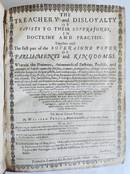 1643 TREACHERY & DISLOYALTY of PAPISTS to THEIR SOVEREIGNES antique in ENGLISH