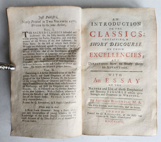 1737 INTRODUCTION TO THE CLASSICS antique by Anthony Blackwall in ENGLISH