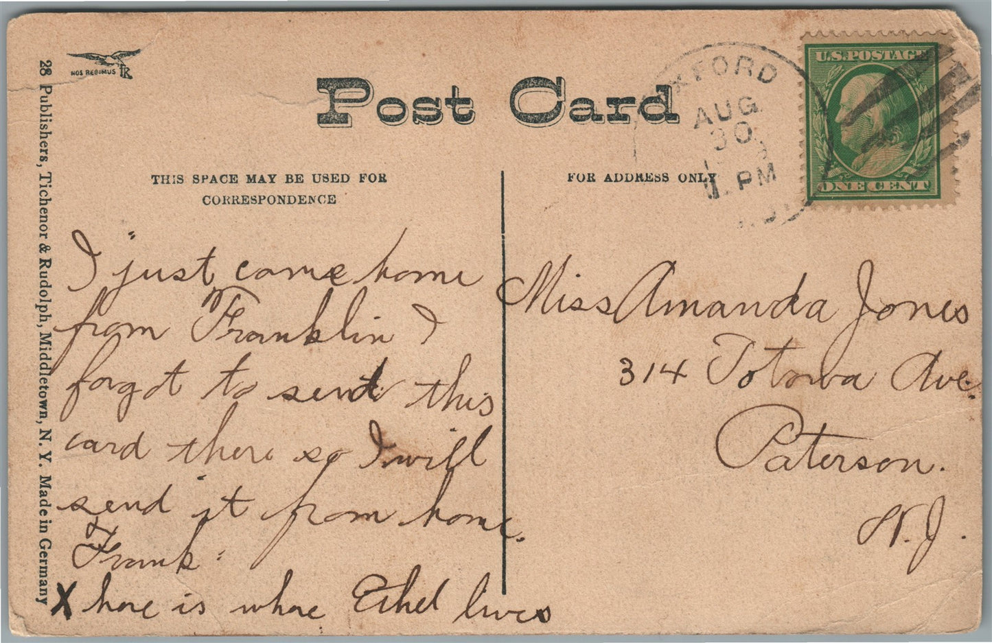 FRANKLIN NJ MUNSON'S ROW ANTIQUE POSTCARD