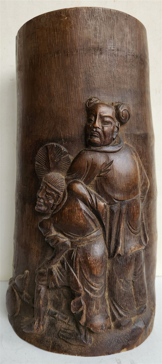 CHINESE ANTIQUE CARVED BAMBOO BURSH POT 11" height