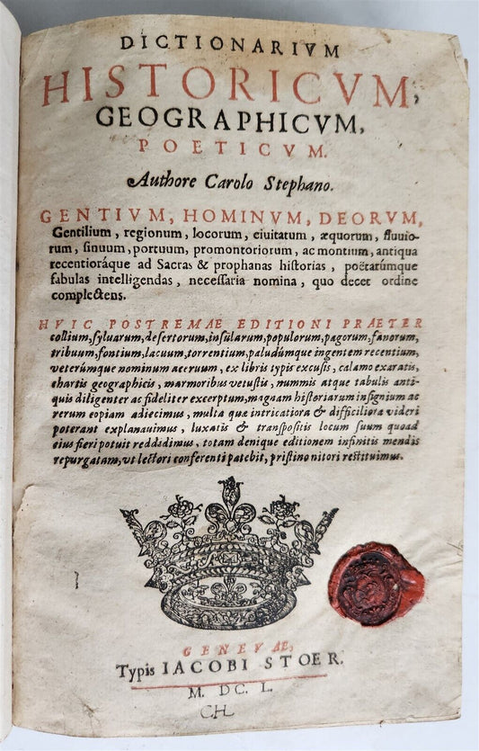1650 DICTIONARY HISTORICAL GEOGRAPHICAL POETICAL antique in LATIN