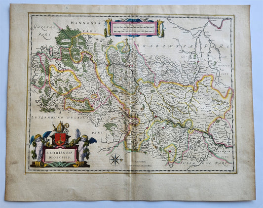 1640 LIEGE BELGIUM MAP by WILLEM BLAEU antique AUTHENTIC hand colored